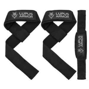 Black heavy-duty lifting straps by Lupus Armor for deadlifts and rows