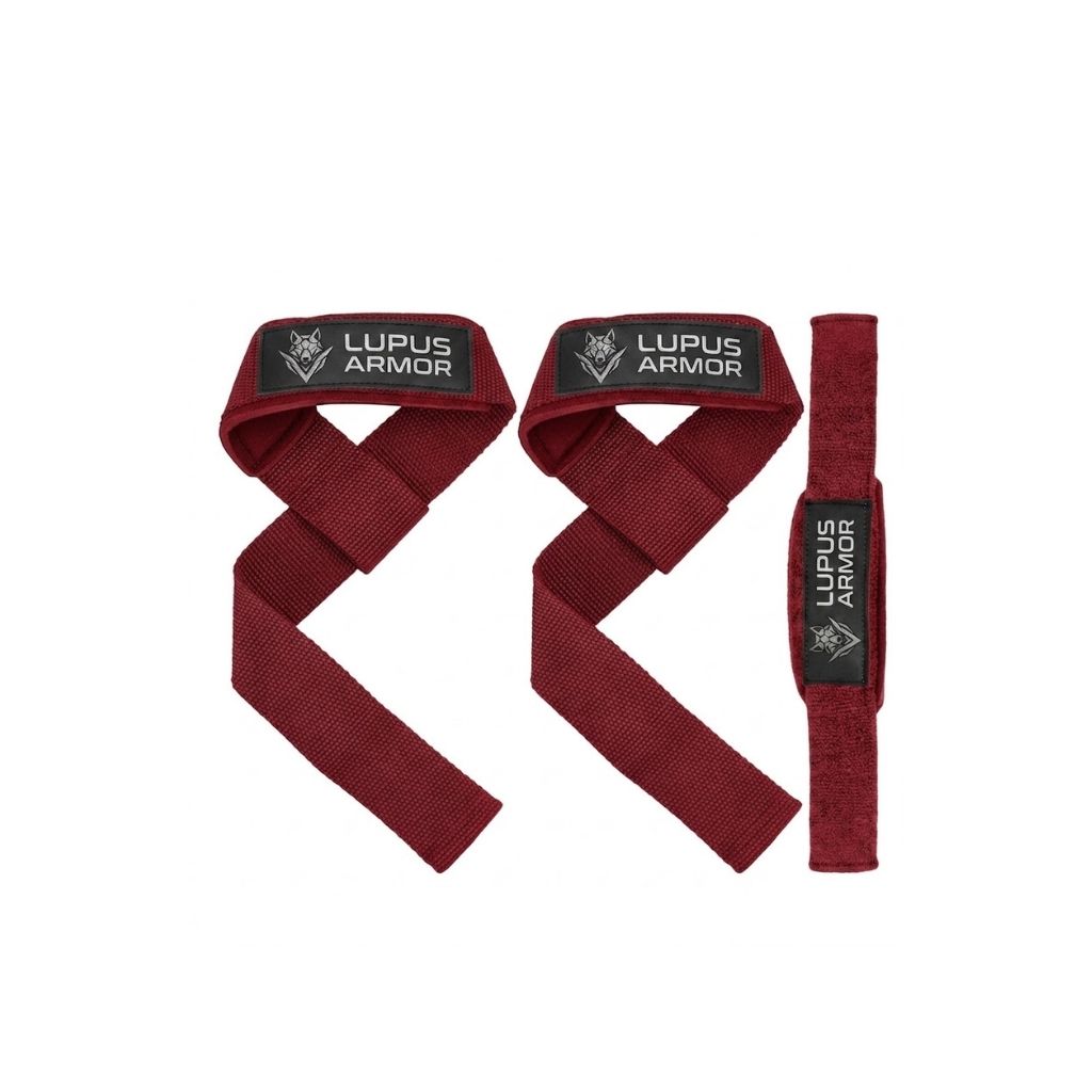 Red heavy-duty lifting straps by Lupus Armor for deadlifts and rows